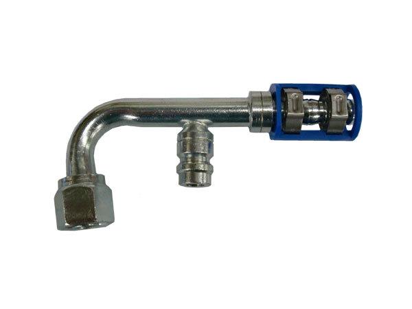 461-72351 - Burgaclip®, 90°, module 8, femelle o-ring pour tuyau No. 8, avec prise de charge R134a (inversée)
