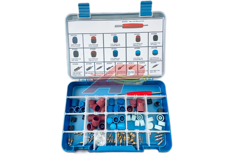 21-7002 - Kit valves Schrader et capuchons de valve + outil installation pour R134a